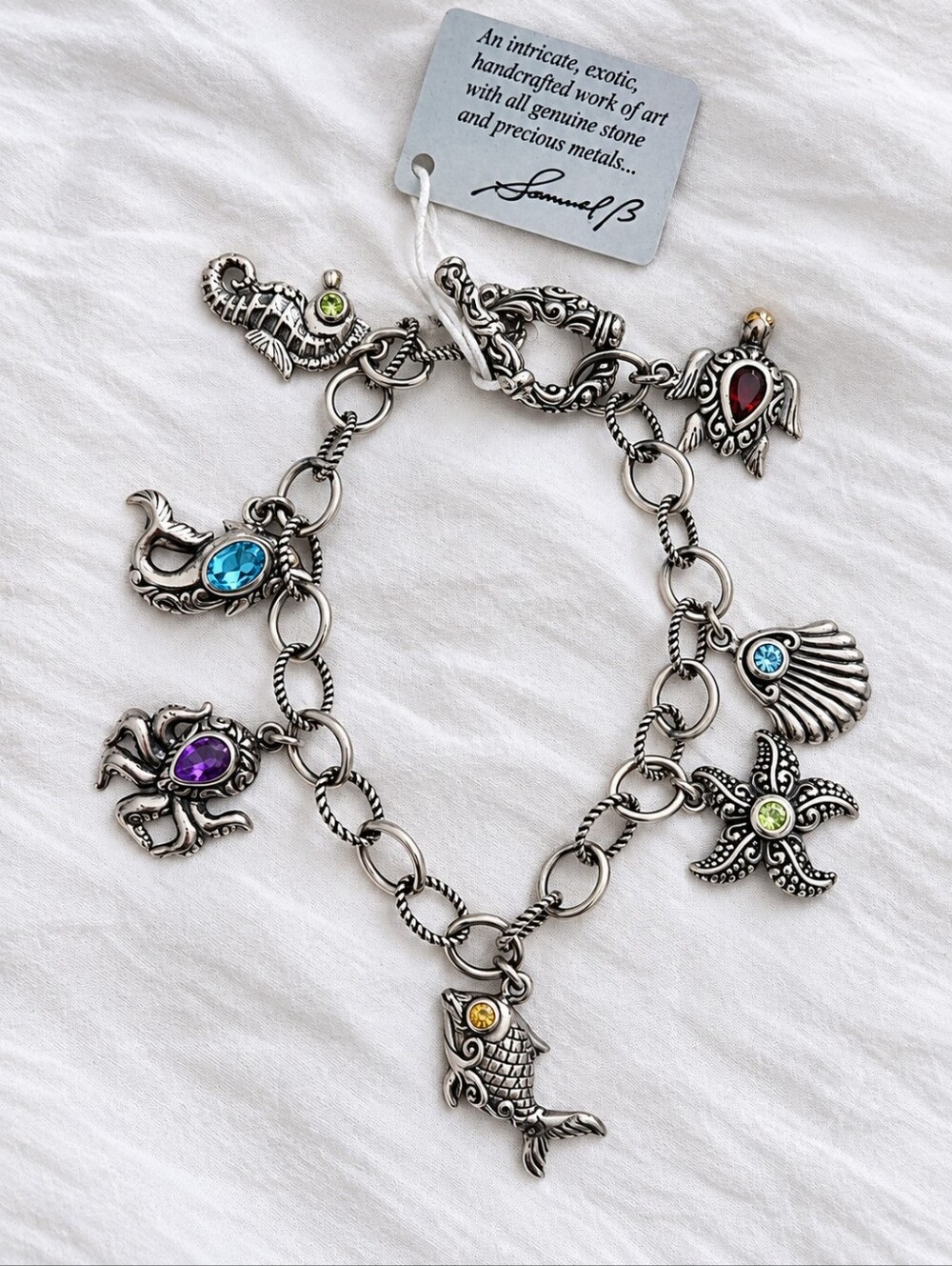 Samuel B. 925 Sterling Silver 18K Gold Gemstone Sea Life Charm Bracelet NWT